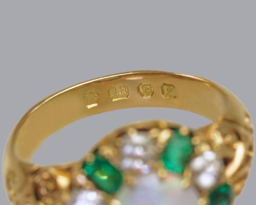 VICTORIAN OPAL EMERALD OLD CUT DIAMOND 18CT GOLD CLUSTER RING HALLMARKED 1881 - ADDITIONAL PHOTO 5