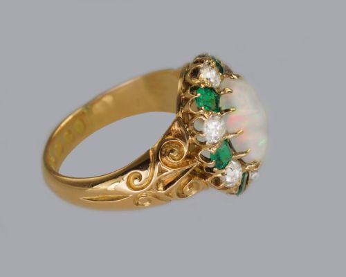 VICTORIAN OPAL EMERALD OLD CUT DIAMOND 18CT GOLD CLUSTER RING HALLMARKED 1881 - ADDITIONAL PHOTO 6