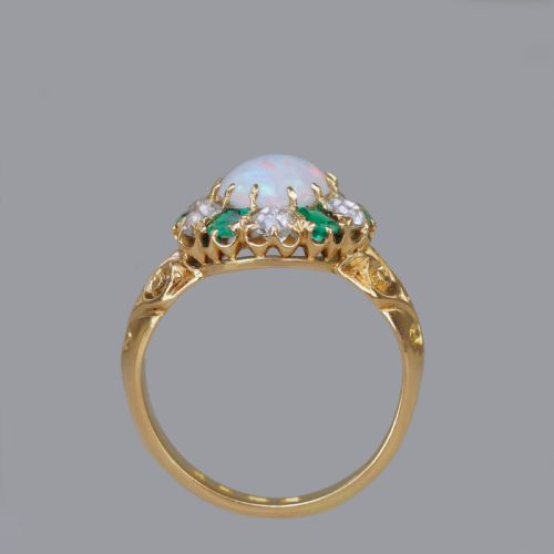 VICTORIAN OPAL EMERALD OLD CUT DIAMOND 18CT GOLD CLUSTER RING HALLMARKED 1881 - ADDITIONAL PHOTO 8
