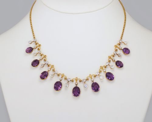 victorian amethyst goshenite pearl 15ct gold antique garland necklace with original presentation box - CATEGORY: ANTIQUE JEWELLERY - DATED VICTORIAN