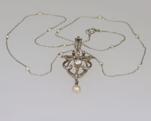fig 2. Edwardian Diamond & Pearl Lavaliere Pendant Platinum Antique Art Nouveau Necklace