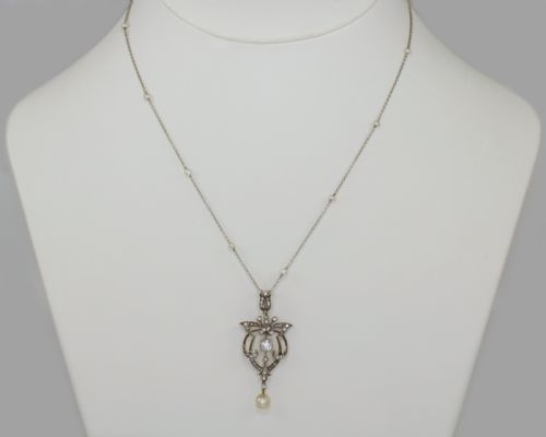 fig 3. Edwardian Diamond & Pearl Lavaliere Pendant Platinum Antique Art Nouveau Necklace