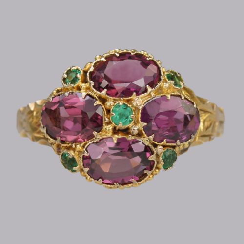 victorian garnet emerald antique ring hallmarked 12ct gold birmingham 1869 - CATEGORY: ANTIQUE JEWELLERY - DATED VICTORIAN