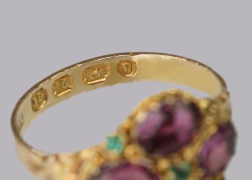 VICTORIAN GARNET EMERALD ANTIQUE RING HALLMARKED 12CT GOLD BIRMINGHAM 1869 - ADDITIONAL PHOTO 2