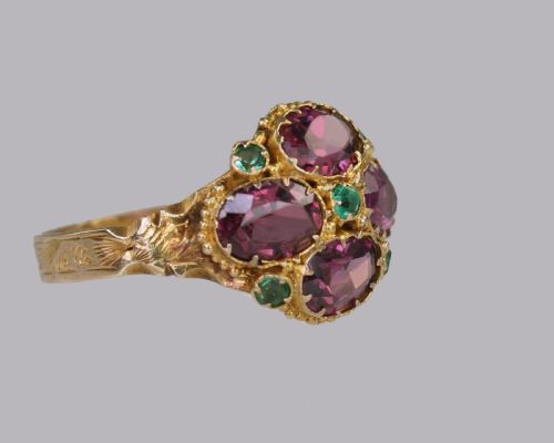 VICTORIAN GARNET EMERALD ANTIQUE RING HALLMARKED 12CT GOLD BIRMINGHAM 1869 - ADDITIONAL PHOTO 7