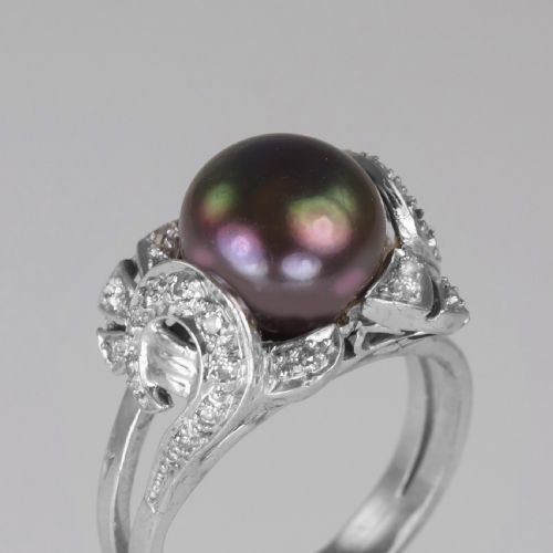 tahitian pearl diamond ring 18ct gold 1960's black pearl cocktail ring - CATEGORY: ANTIQUE JEWELLERY - DATED 1960