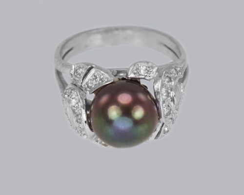 TAHITIAN PEARL DIAMOND RING 18CT GOLD 1960'S BLACK PEARL COCKTAIL RING - ADDITIONAL PHOTO 2