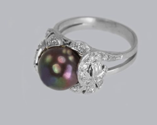 TAHITIAN PEARL DIAMOND RING 18CT GOLD 1960'S BLACK PEARL COCKTAIL RING - ADDITIONAL PHOTO 3