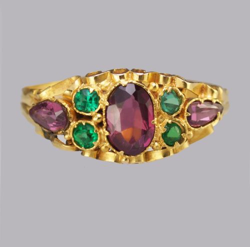 Victorian Garnet & Emerald English Ornate 12ct Gold Antique Ring Hallmarked 1873