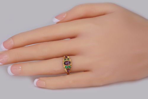 fig 1. Victorian Garnet & Emerald English Ornate 12ct Gold Antique Ring Hallmarked 1873