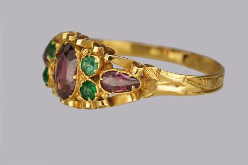 fig 3. Victorian Garnet & Emerald English Ornate 12ct Gold Antique Ring Hallmarked 1873