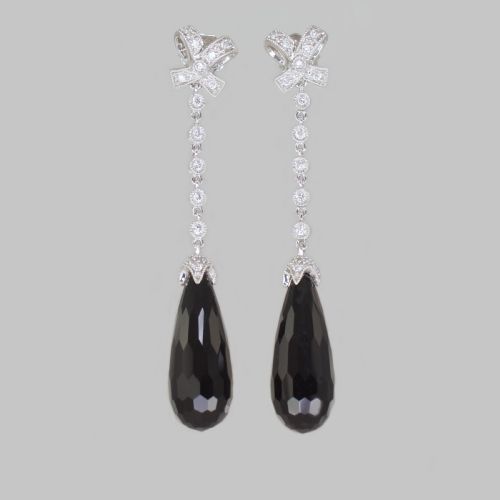vintage diamond black onyx dangle earrings 18ct gold edwardian style drop earrings - CATEGORY: ANTIQUE JEWELLERY - DATED 1960