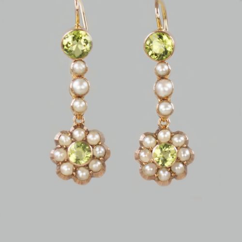 victorian peridot seed pearl dangle earrings 9ct gold antique drop earrings circa 1890 - CATEGORY: ANTIQUE JEWELLERY - DATED VICTORIAN