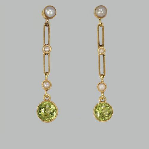 art deco peridot seed pearl dangle earrings 15ct gold antique earrings circa1915 - CATEGORY: ANTIQUE JEWELLERY - DATED 1910