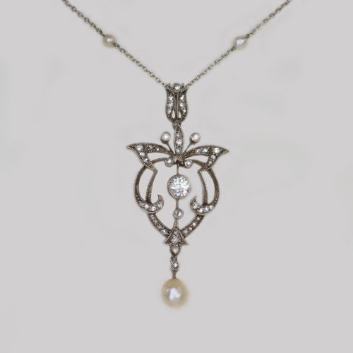Edwardian Diamond & Pearl Lavaliere Pendant Platinum Antique Art Nouveau Necklace