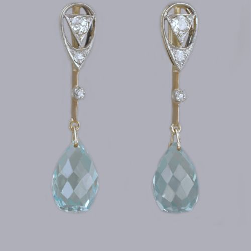 aquamarine old cut diamond edwardian drop earrings antique 18ct gold dangle earrings - CATEGORY: ANTIQUE JEWELLERY - DATED EDWARDIAN