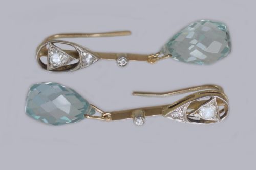 AQUAMARINE OLD CUT DIAMOND EDWARDIAN DROP EARRINGS ANTIQUE 18CT GOLD DANGLE EARRINGS - ADDITIONAL PHOTO 1