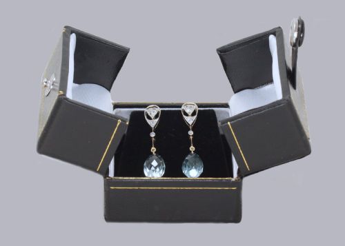 AQUAMARINE OLD CUT DIAMOND EDWARDIAN DROP EARRINGS ANTIQUE 18CT GOLD DANGLE EARRINGS - ADDITIONAL PHOTO 2