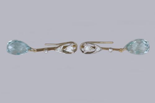 AQUAMARINE OLD CUT DIAMOND EDWARDIAN DROP EARRINGS ANTIQUE 18CT GOLD DANGLE EARRINGS - ADDITIONAL PHOTO 3