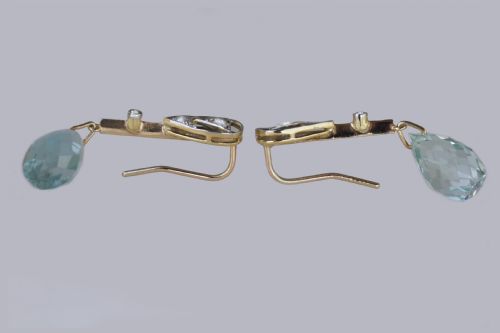 AQUAMARINE OLD CUT DIAMOND EDWARDIAN DROP EARRINGS ANTIQUE 18CT GOLD DANGLE EARRINGS - ADDITIONAL PHOTO 4