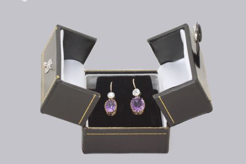EDWARDIAN AMETHYST OLD CUT DIAMOND DROP EARRINGS ANTIQUE 18CT GOLD 1 DANGLE EARRINGS - ADDITIONAL PHOTO 7