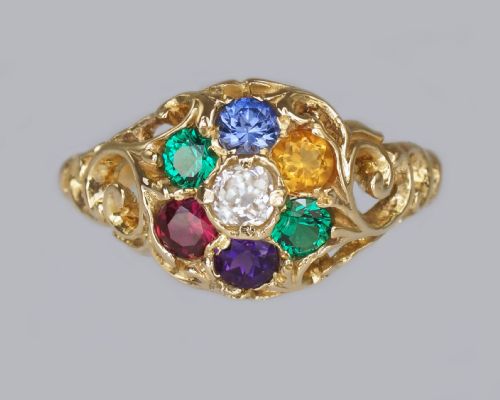 Victorian Dearest Ring 18ct Cluster Diamond Emerald Amethyst Ruby Emerald Sapphire Topaz