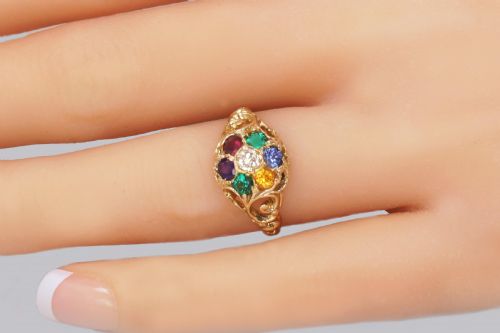 fig 2. Victorian Dearest Ring 18ct Cluster Diamond Emerald Amethyst Ruby Emerald Sapphire Topaz