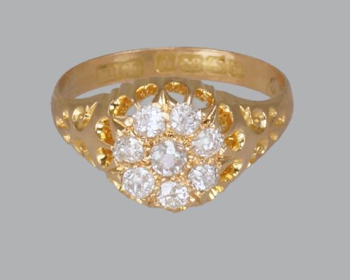 antique old mine cut diamond cluster ring 18ct gold edwardian ring hallmarked birmingham 1906 - CATEGORY: ANTIQUE JEWELLERY - DATED EDWARDIAN