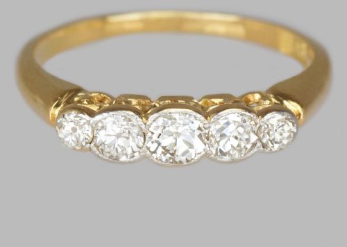 Art Deco Old Cut Diamond Antique 18ct Gold 5 Stone Half Hoop 1920'S Vintage Ring