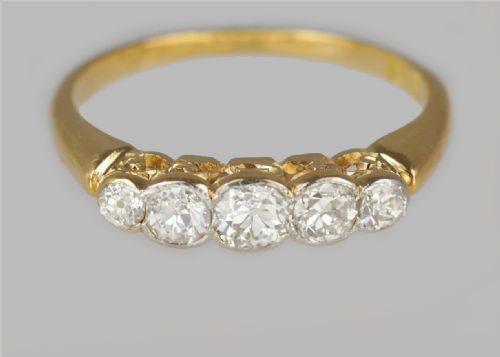 fig 1. Art Deco Old Cut Diamond Antique 18ct Gold 5 Stone Half Hoop 1920's Vintage Ring