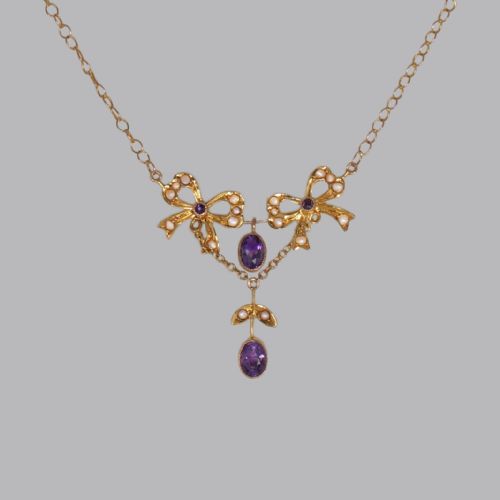 belle epoque seed pearl amethyst antique 15ct gold edwardian necklace ca1910 - CATEGORY: ANTIQUE JEWELLERY - DATED EDWARDIAN