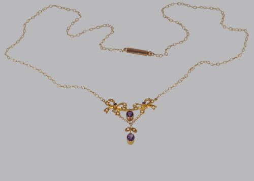 BELLE EPOQUE SEED PEARL AMETHYST ANTIQUE 15CT GOLD EDWARDIAN NECKLACE CA1910 - ADDITIONAL PHOTO 4