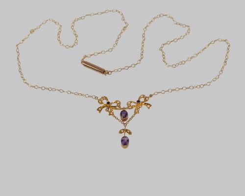 BELLE EPOQUE SEED PEARL AMETHYST ANTIQUE 15CT GOLD EDWARDIAN NECKLACE CA1910 - ADDITIONAL PHOTO 5