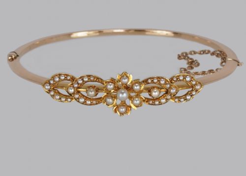 edwardian pearl bangle belle epoque 15ct gold antique pearl bracelet circa 1910 - CATEGORY: ANTIQUE JEWELLERY - DATED 1910