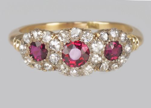 victorian ruby diamond triple cluster antique18ct gold ring ca 1850 - CATEGORY: ANTIQUE JEWELLERY - DATED VICTORIAN