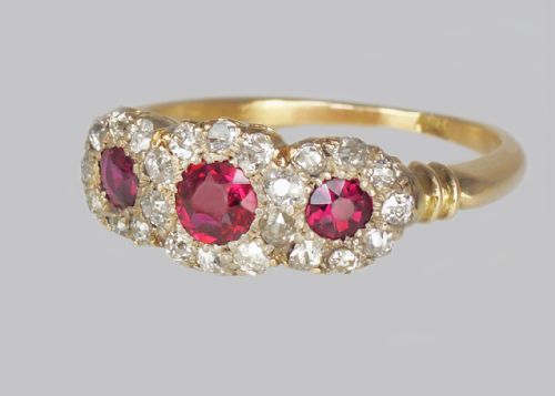 VICTORIAN RUBY DIAMOND TRIPLE CLUSTER ANTIQUE18CT GOLD RING CA 1850 - ADDITIONAL PHOTO 8