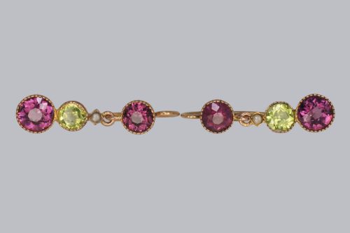 SUFFRAGETT EARRINGS PERIDOT PEARL AMETHYST 18CT GOLD ANTIQUE DANGLE EARRINGS - ADDITIONAL PHOTO 1