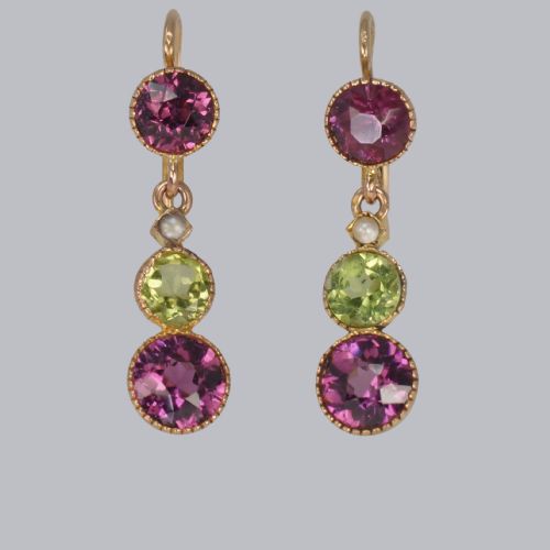 SUFFRAGETT EARRINGS PERIDOT PEARL AMETHYST 18CT GOLD ANTIQUE DANGLE EARRINGS - ADDITIONAL PHOTO 3