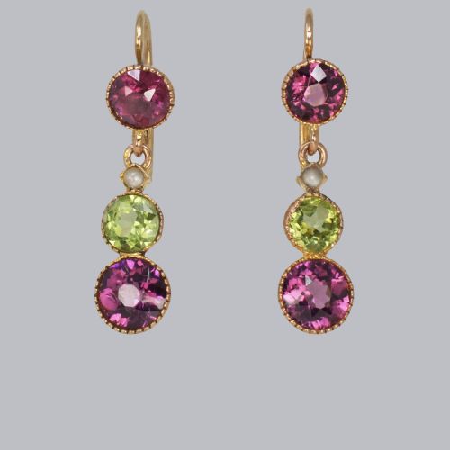 SUFFRAGETT EARRINGS PERIDOT PEARL AMETHYST 18CT GOLD ANTIQUE DANGLE EARRINGS - ADDITIONAL PHOTO 4