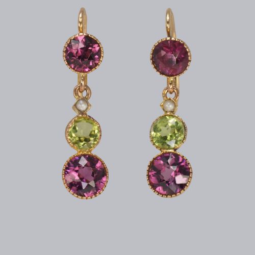 suffragett earrings peridot pearl amethyst 18ct gold antique dangle earrings - CATEGORY: ANTIQUE JEWELLERY - DATED 1910