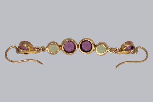 SUFFRAGETT EARRINGS PERIDOT PEARL AMETHYST 18CT GOLD ANTIQUE DANGLE EARRINGS - ADDITIONAL PHOTO 7