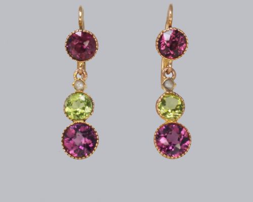 SUFFRAGETT EARRINGS PERIDOT PEARL AMETHYST 18CT GOLD ANTIQUE DANGLE EARRINGS - ADDITIONAL PHOTO 8