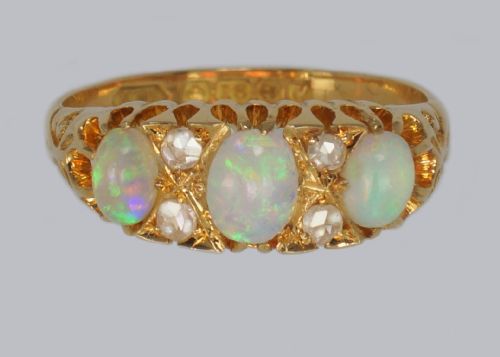 victorian 18ct gold opal diamond ring hallmarked birmingham 1870 - CATEGORY: ANTIQUE JEWELLERY - DATED VICTORIAN