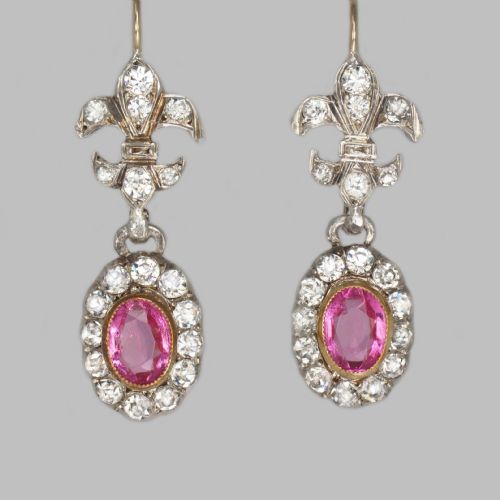 victorian pink topaz paste dangle earrings antique fleur de lis gold silver earrings - CATEGORY: ANTIQUE JEWELLERY - DATED VICTORIAN