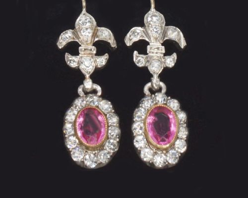 VICTORIAN PINK TOPAZ PASTE DANGLE EARRINGS ANTIQUE FLEUR DE LIS GOLD SILVER EARRINGS - ADDITIONAL PHOTO 1