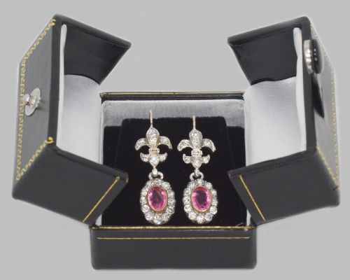 VICTORIAN PINK TOPAZ PASTE DANGLE EARRINGS ANTIQUE FLEUR DE LIS GOLD SILVER EARRINGS - ADDITIONAL PHOTO 5