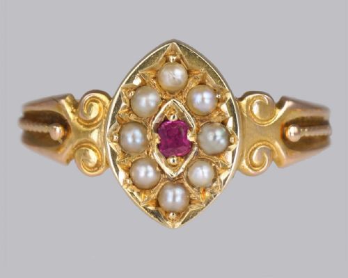 ntique 15ct gold ruby pearl ring victorian marquise shaped english ring circa 1870 - CATEGORY: ANTIQUE JEWELLERY - DATED 1870