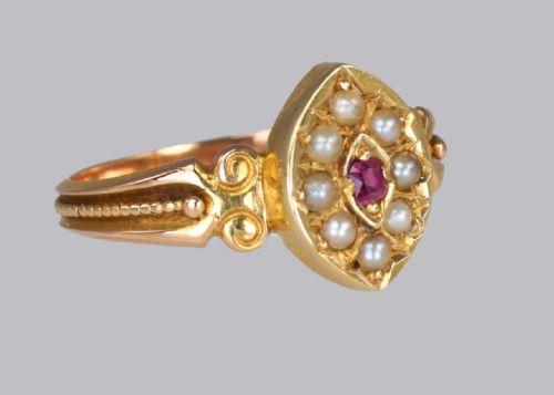 NTIQUE 15CT GOLD RUBY PEARL RING VICTORIAN MARQUISE SHAPED ENGLISH RING CIRCA 1870 - ADDITIONAL PHOTO 1