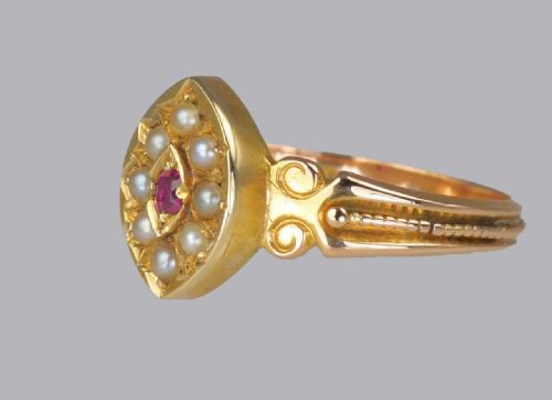 NTIQUE 15CT GOLD RUBY PEARL RING VICTORIAN MARQUISE SHAPED ENGLISH RING CIRCA 1870 - ADDITIONAL PHOTO 2