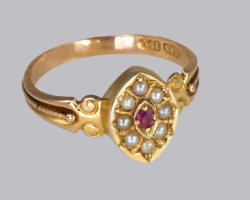 NTIQUE 15CT GOLD RUBY PEARL RING VICTORIAN MARQUISE SHAPED ENGLISH RING CIRCA 1870 - ADDITIONAL PHOTO 4